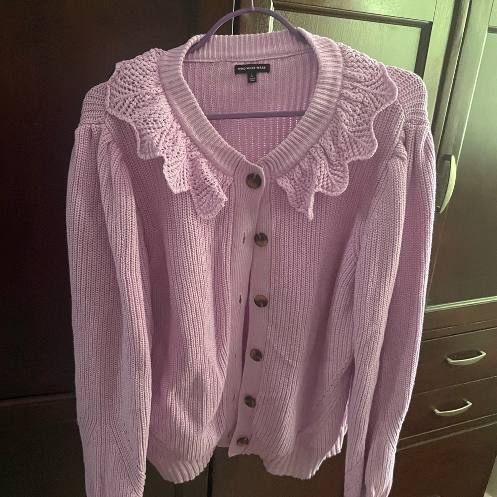 Who What Wear Purple Cardigan with Lace Collar